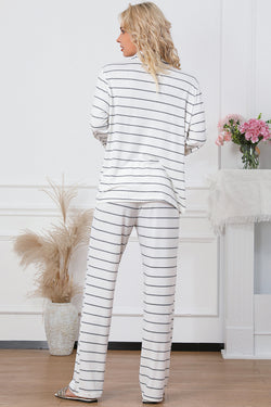 White Striped Print Long Sleeve Top & Drawstring Pants Pajamas Set