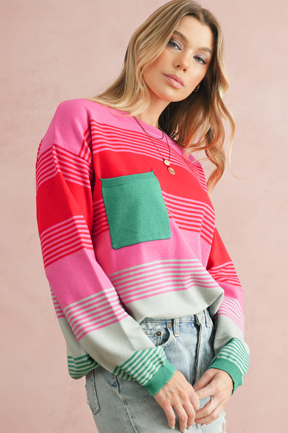 Rose Striped Patch Pocket Drop Shoulder Knit Sweater