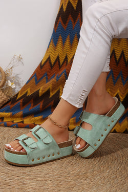 Black Suede Buckle Corky Platform Slides Shoes