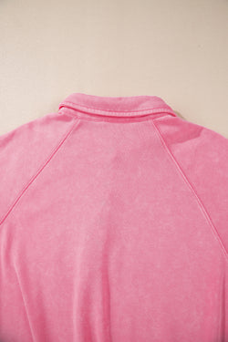 Pink Solid Snap Buttons Collared Balloon Sleeve Oversized Sweatshirt