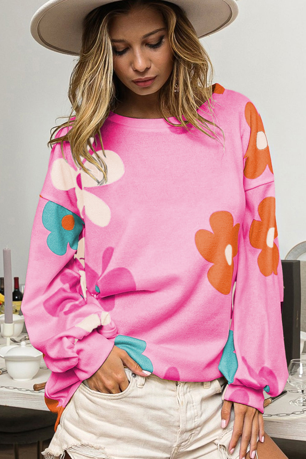 Pink 60s Floral Print Drop Shoulder Tunic Top