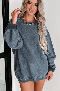 Plain Gray Solid Ribbed Knit Round Neck Pullover Sweatshirt