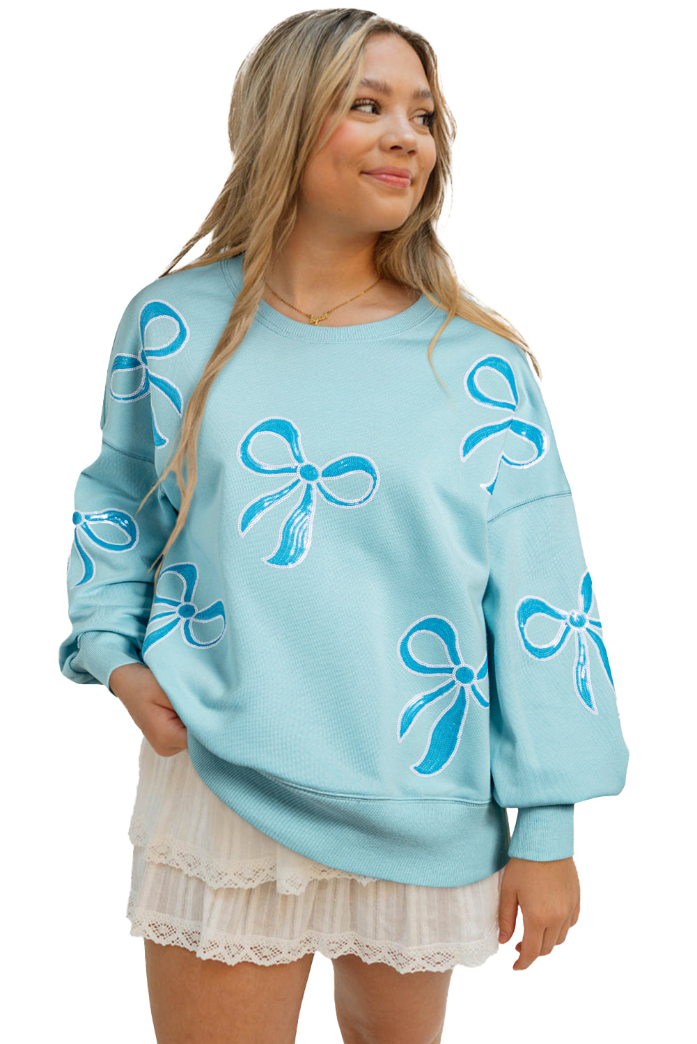 Beau Blue Sequin Bow Drop Shoulder Oversized Sweatshirt