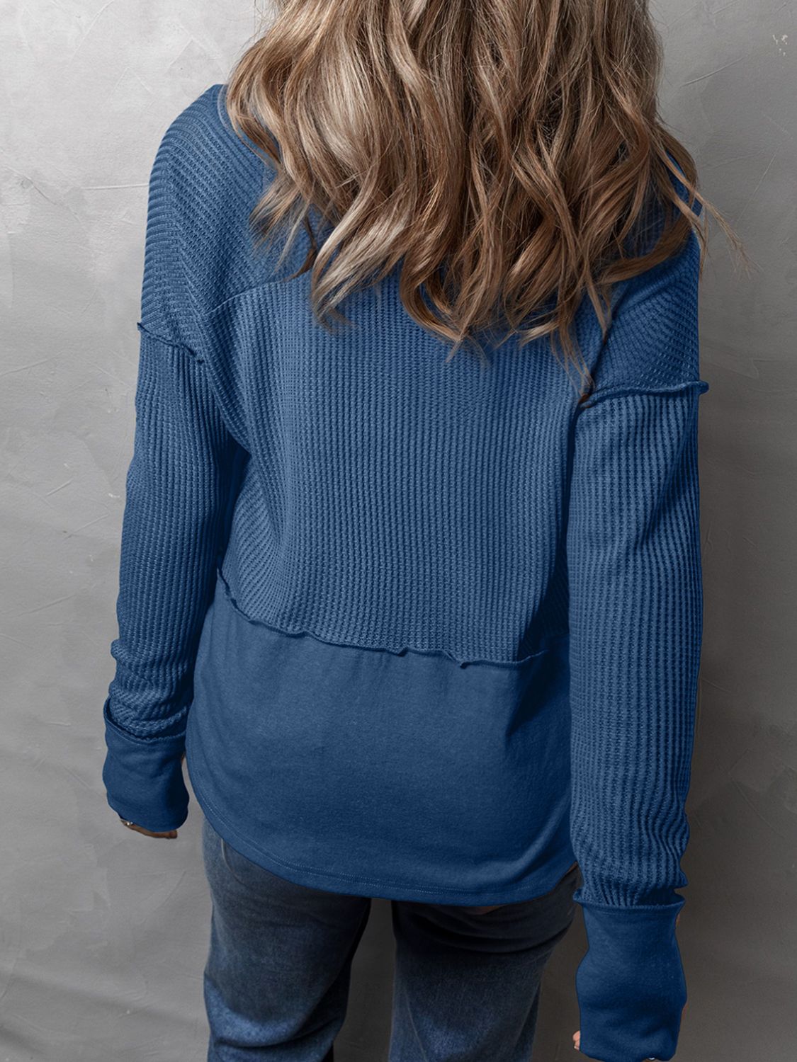 Waffle-Knit Notched Long Sleeve T-Shirt