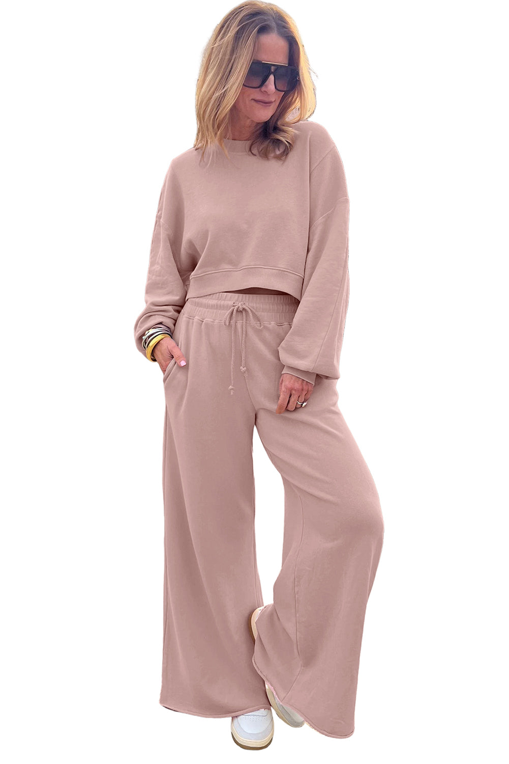 Yellow Cream Drop Shoulder Crop Pullover Drawstring Wide Leg Pants Set