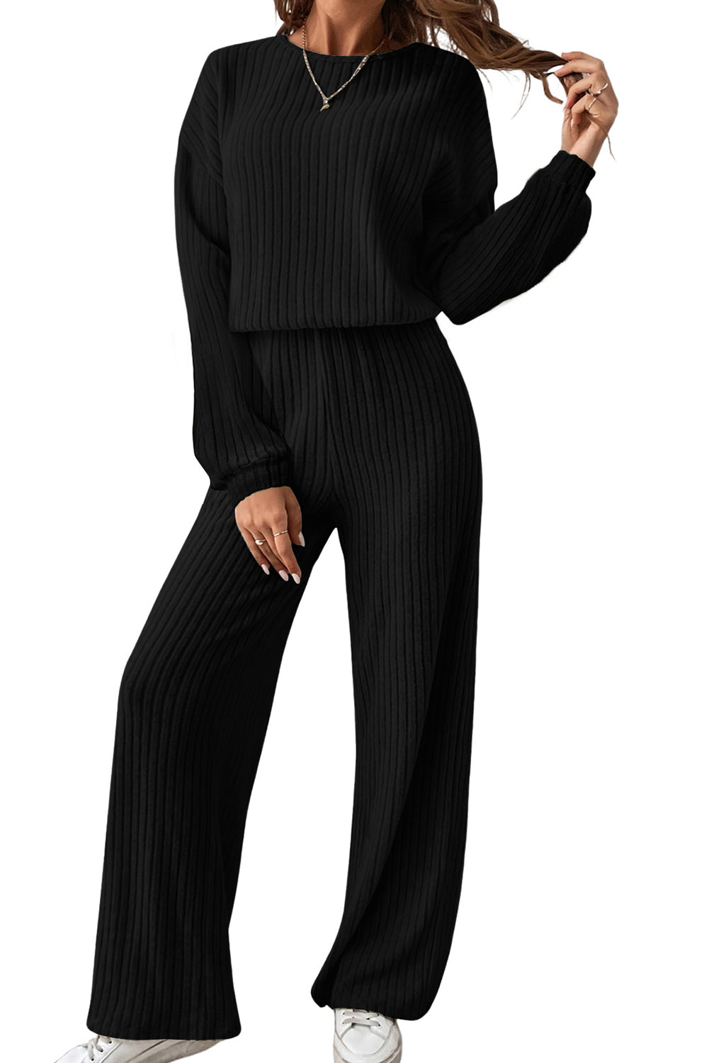 Black Solid Ribbed Knit Keyhole Back High Waist Jumpsuit