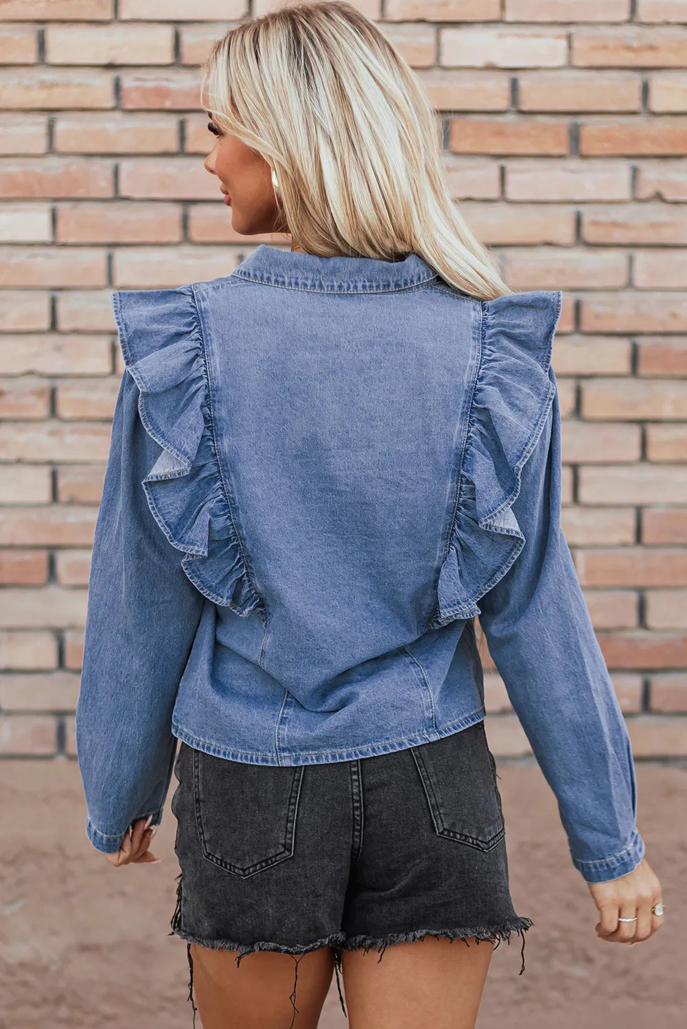 Ruffled Round Neck Long Sleeve Denim Top