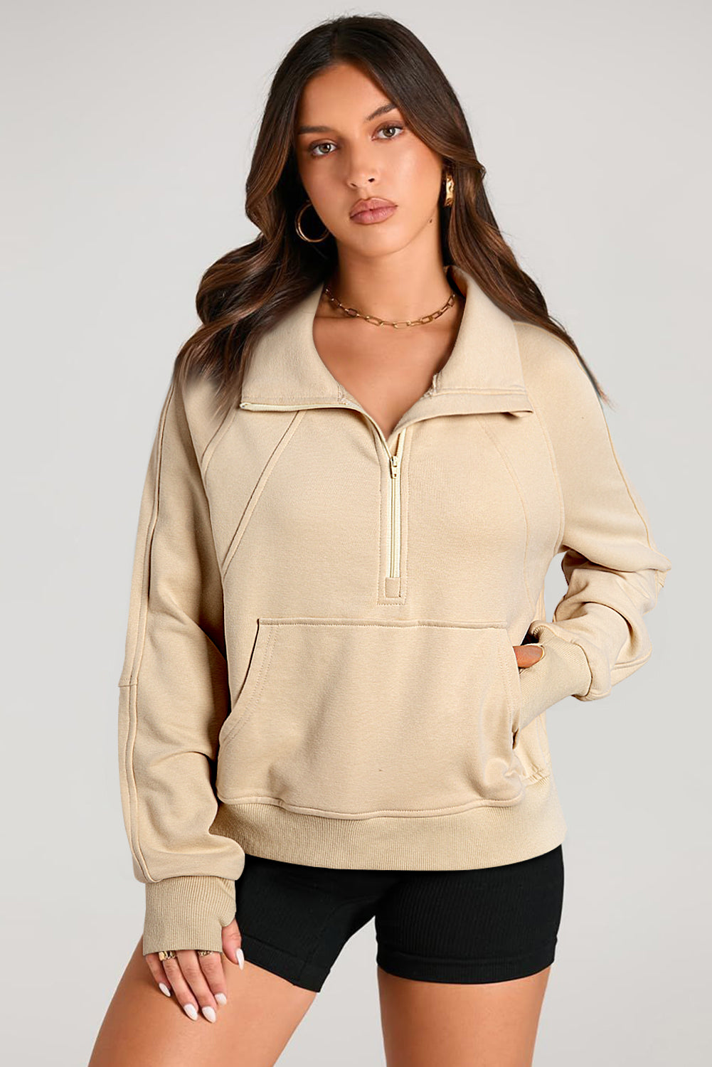 Black Quarter Zip Stand Neck Kangaroo Pocket Sweatshirt