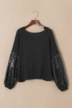 Black Cross Backless Sequin Bishop Sleeve Top