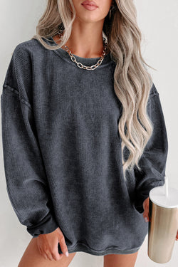 Plain Gray Solid Ribbed Knit Round Neck Pullover Sweatshirt