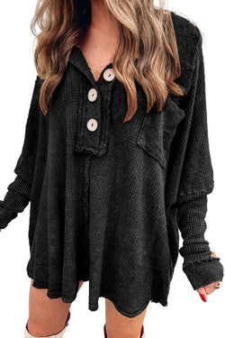 Black Waffle Pocket Seam Loose Knit Top