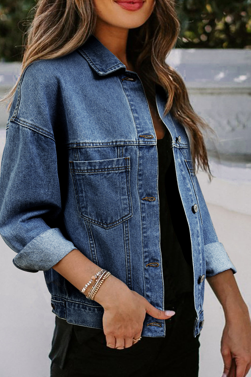 Black Washed Oversized Pocketed Denim Jacket