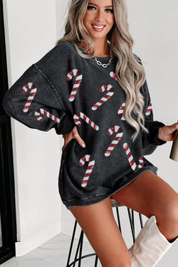 Gray Xmas Candy Cane Sequins Graphic Corded Sweatshirt