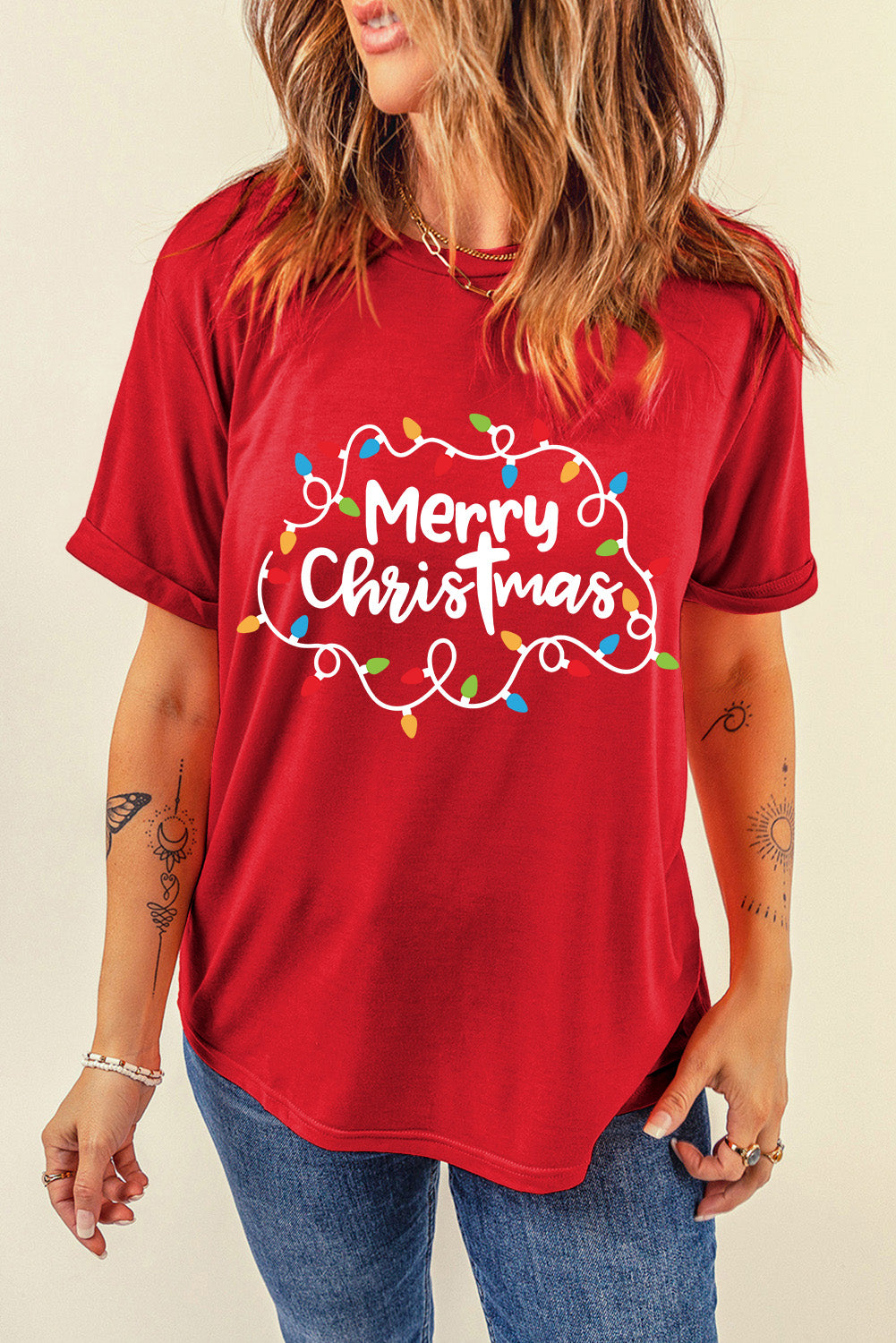 Red Merry Christmas Lights Print Crew Neck T Shirt