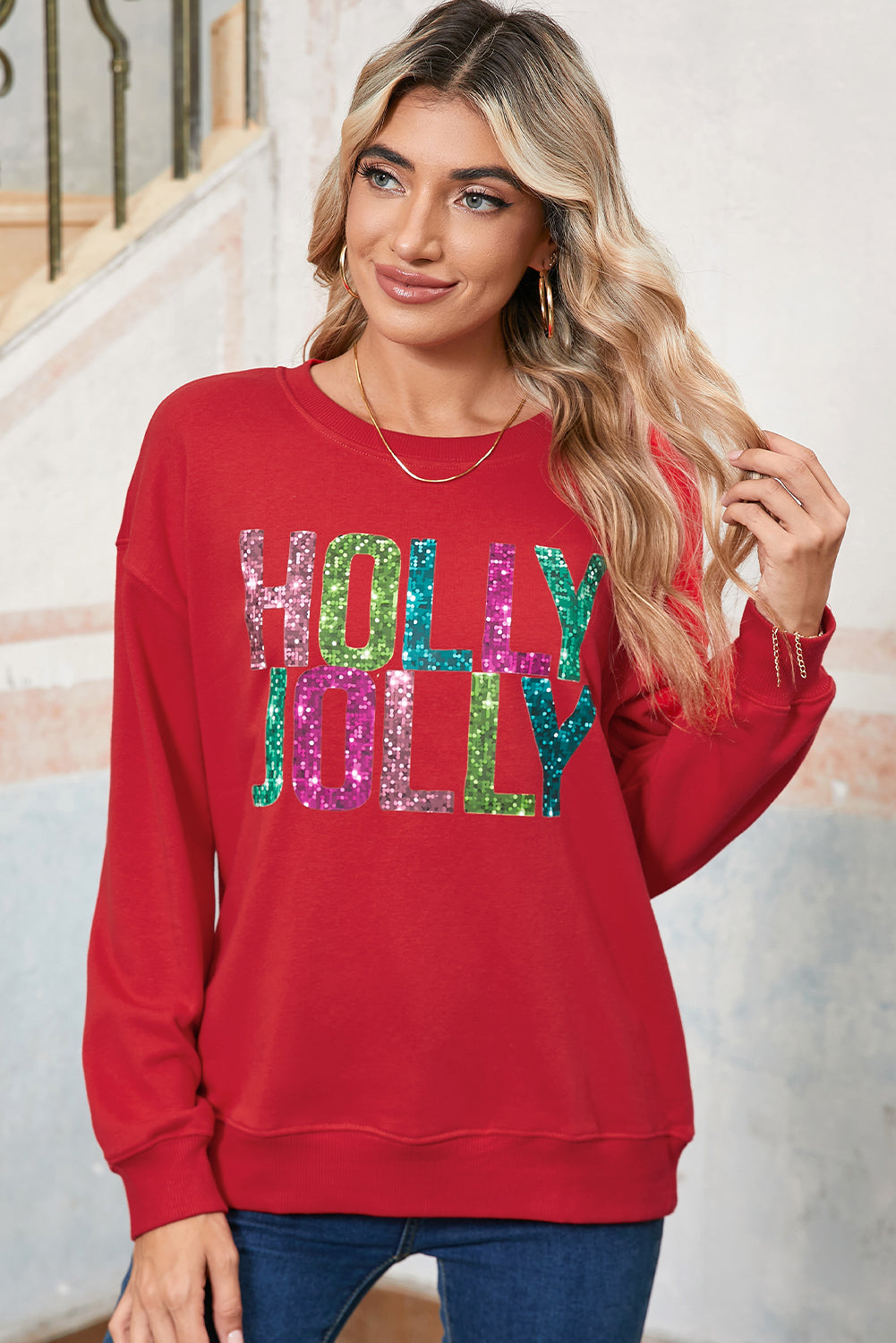 Red HOLLY JOLLY Heat Transfer Printing Graphic  Christmas Pullover Sweatshirt