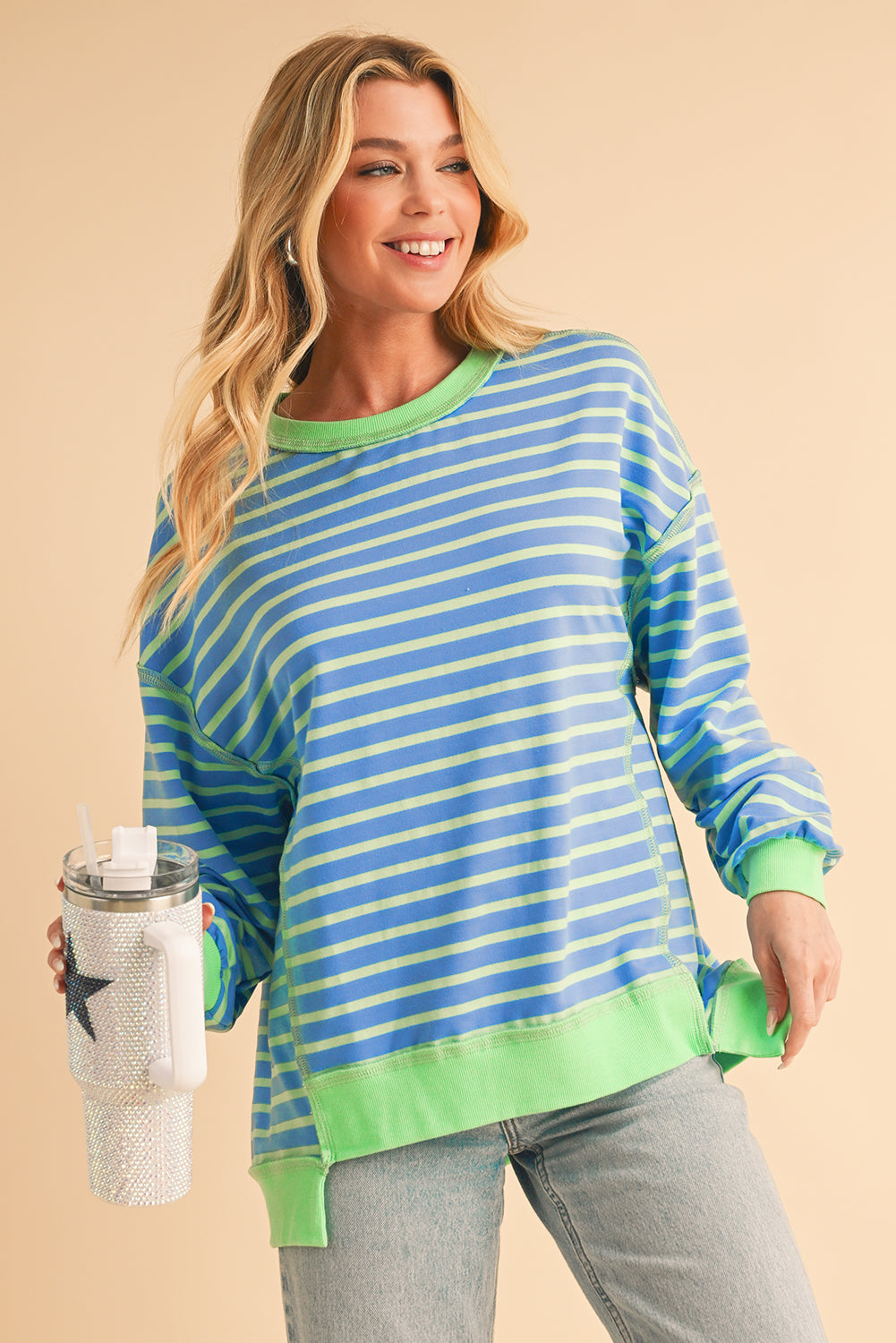 Pink Stripe Contrast Trim High Low Tunic Sweatshirt