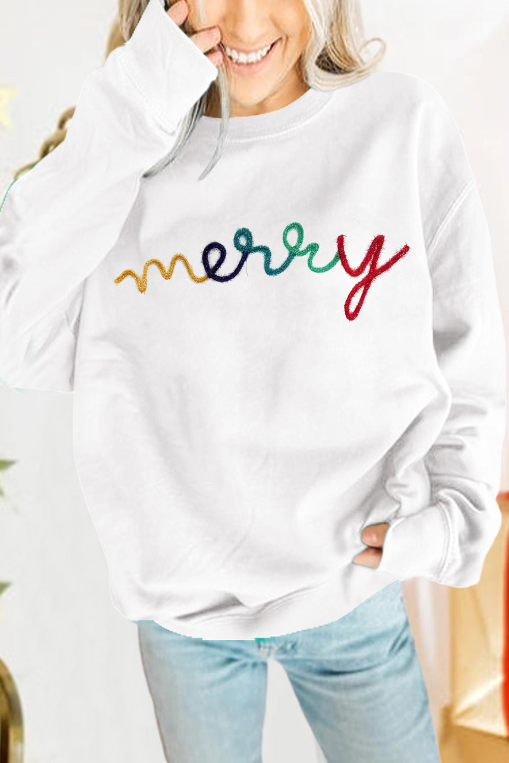 Green MERRY Print Drop Sleeve Pullover Sweatshirt