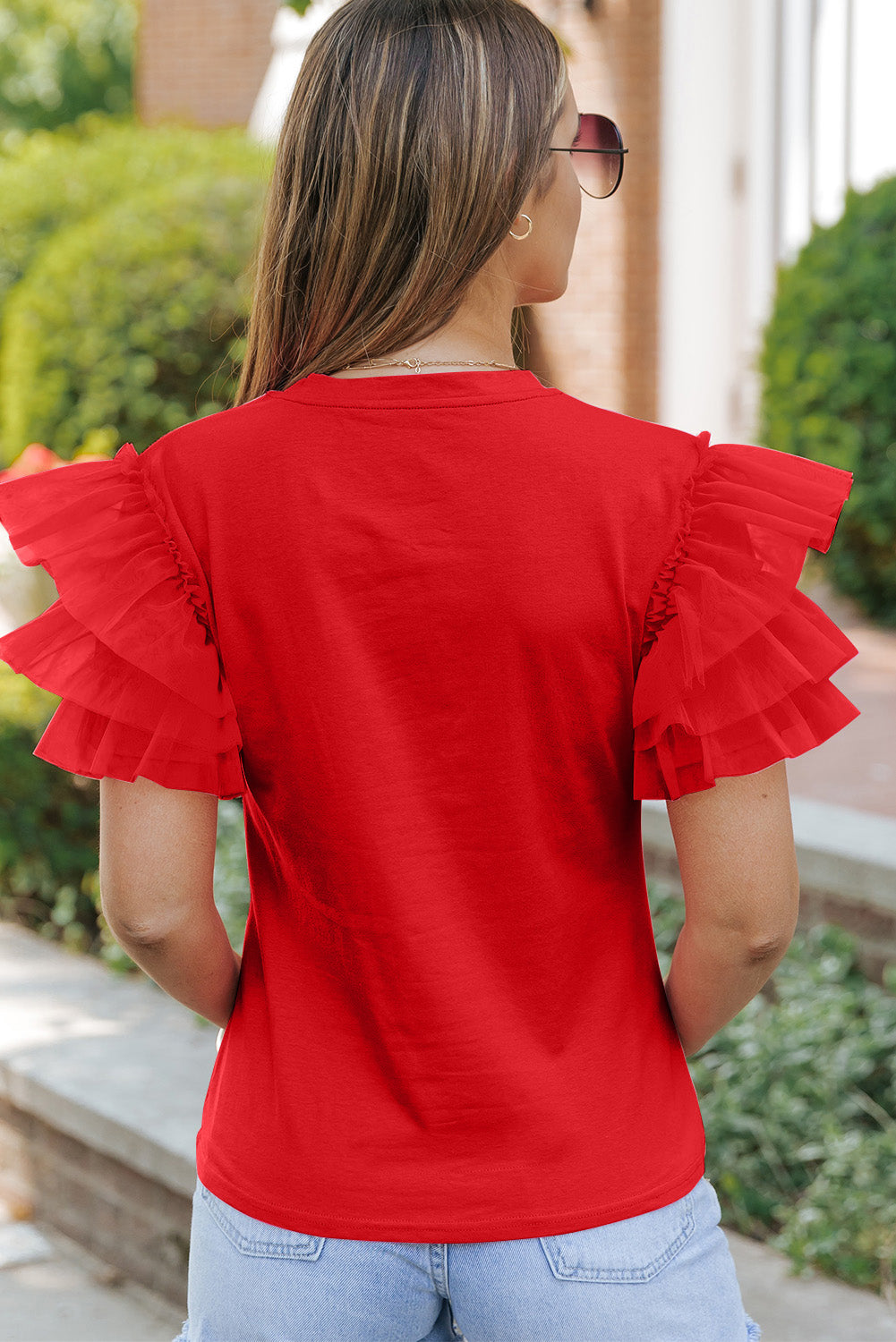 Ruffled Round Neck Short Sleeve Blouse