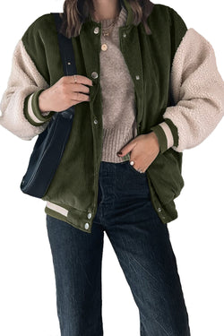 Buckskin Corduroy Fleece Patchwork Buttoned Bomber Coat