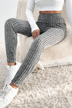 Dark Grey Wide Waistband Ribbed Textured Knit Leggings