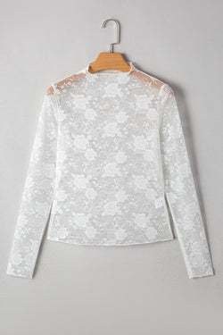 Black Mock Neck Floral Lace Mesh Long Sleeve Top