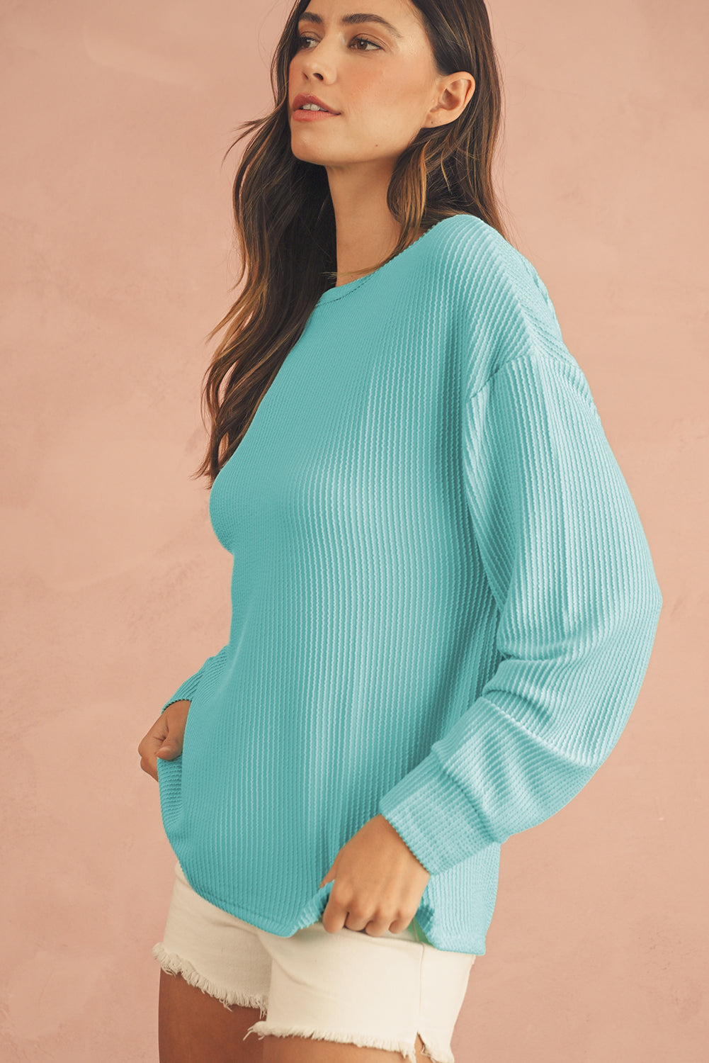 Aruba Blue Plain Crinkle Ribbed Round Neck Top