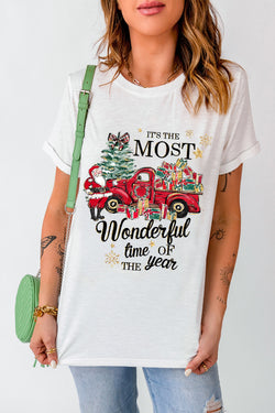 White Christmas Pattern Slogan Print Crew Neck T Shirt