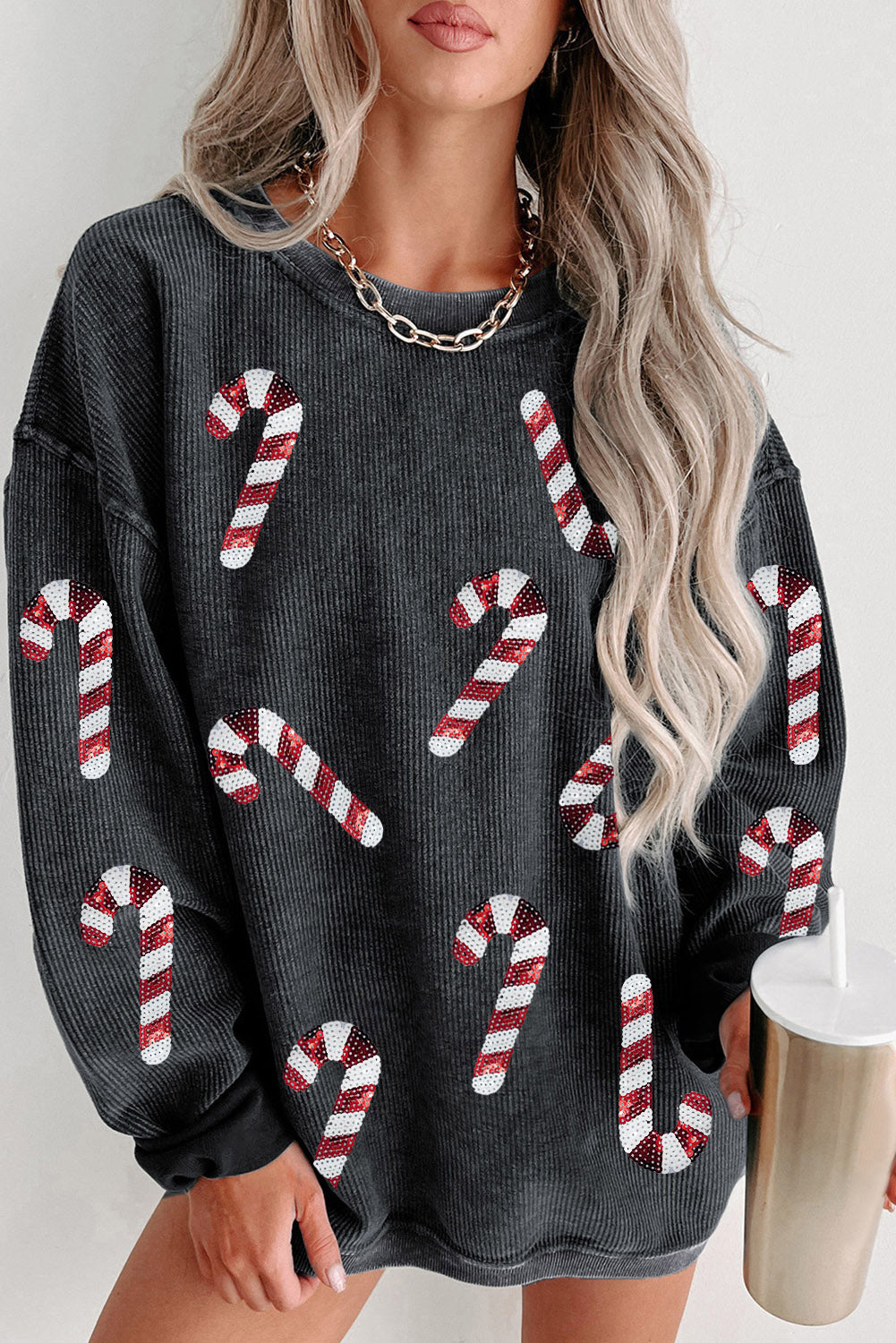 Gray Xmas Candy Cane Sequins Graphic Corded Sweatshirt