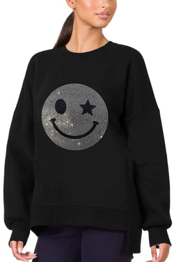 Valerian Rhinestone Smile Face Pattern High Low Hem Sweatshirt