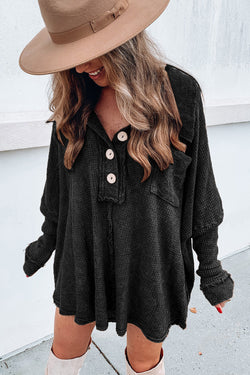 Black Waffle Pocket Seam Loose Knit Top