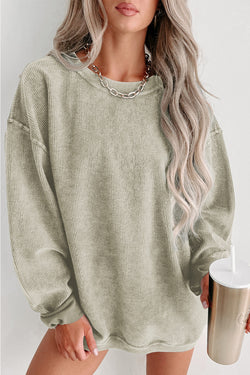 Plain Gray Solid Ribbed Knit Round Neck Pullover Sweatshirt