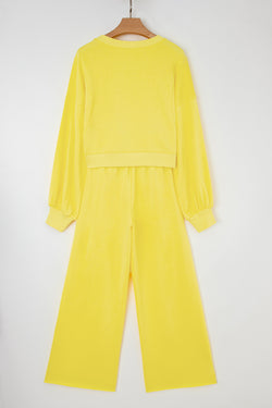 Yellow Cream Drop Shoulder Crop Pullover Drawstring Wide Leg Pants Set