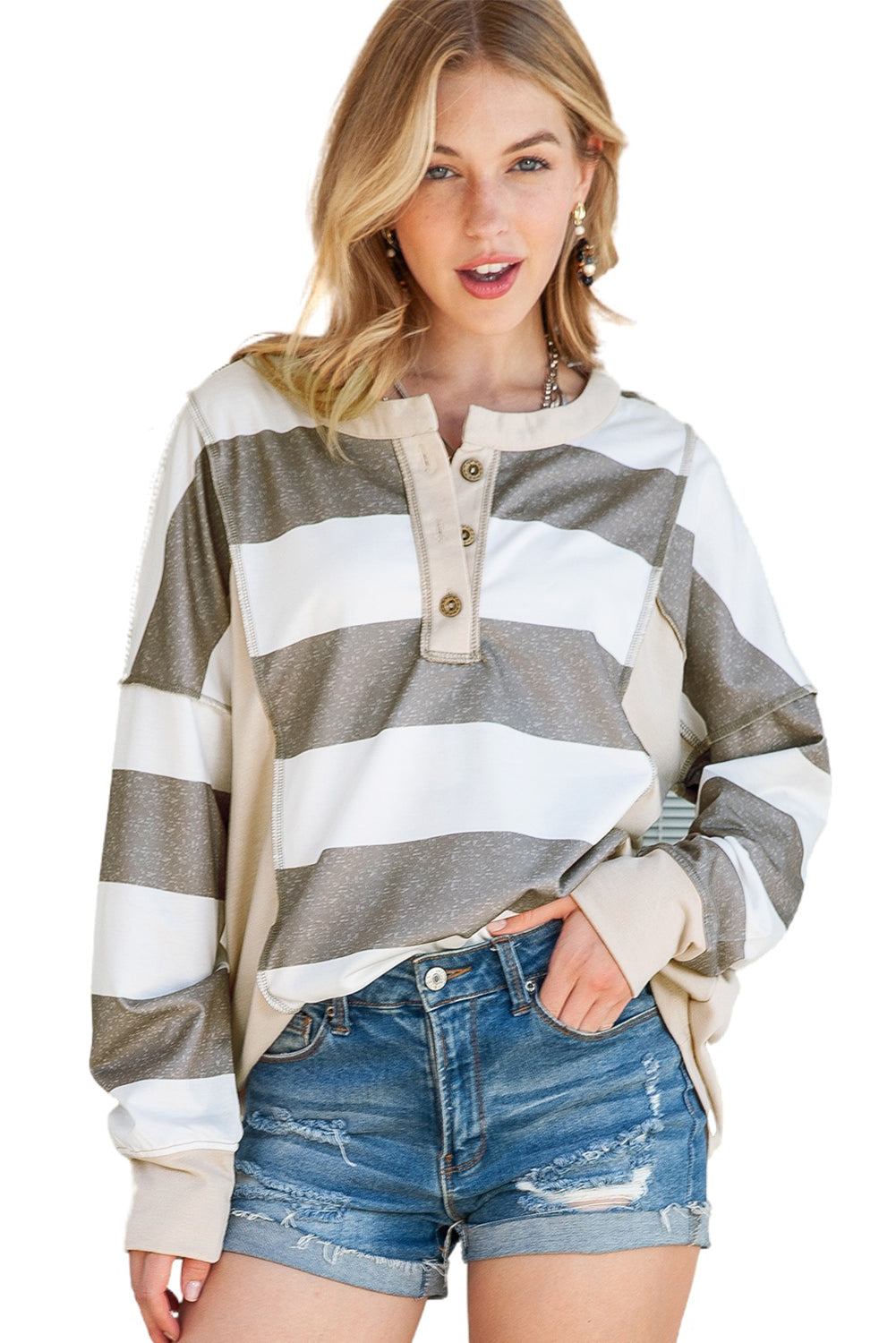 Multicolor Stripes Print Exposed Seam Long Sleeve Henley Shirt