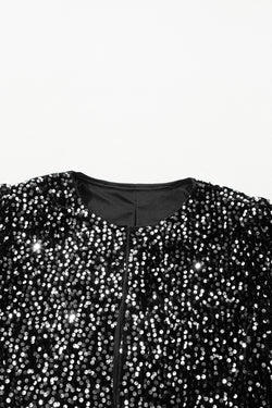 Black Sequin Open Front Collarless Jacket