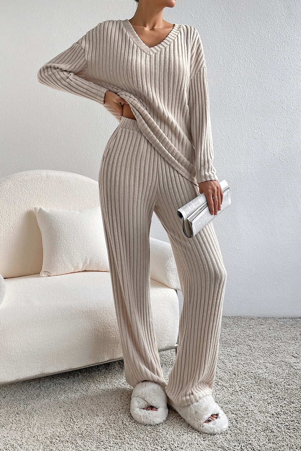 Light Pink Slouchy Ribbed Knit V Neck Top & Pants Loungewear Set