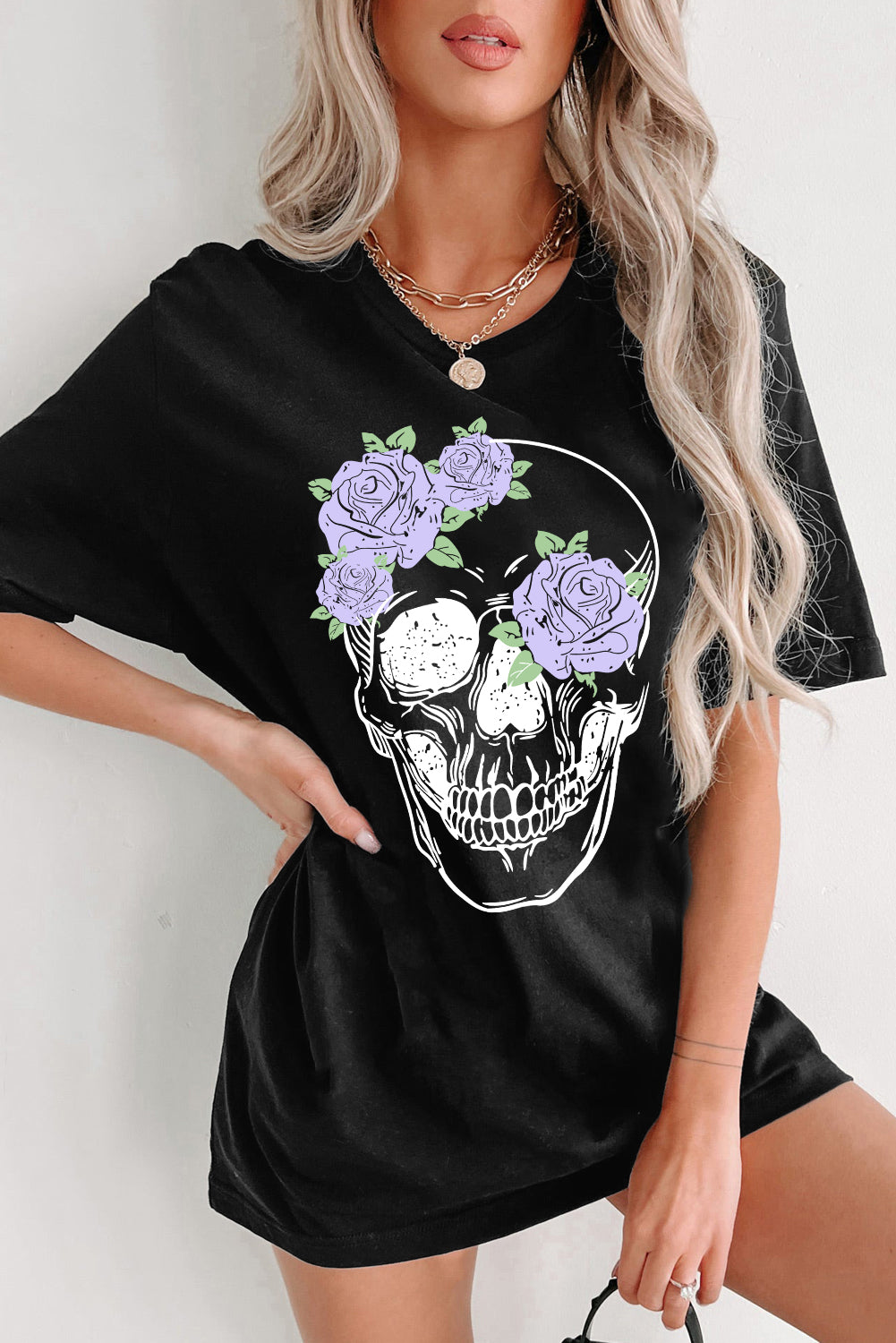 Black Floral Skull Graphic Halloween Tunic T Shirt