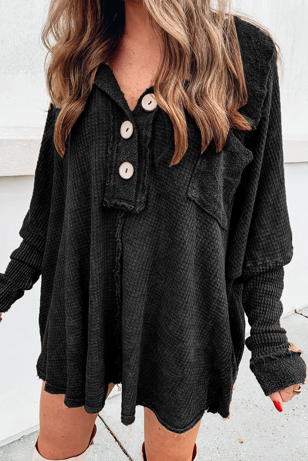 Black Waffle Pocket Seam Loose Knit Top