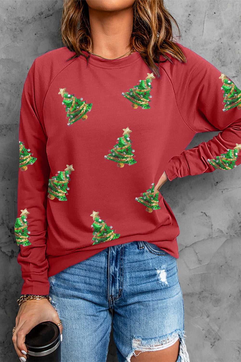 Red Christmas Tree Graphic Sequins Patch Raglan Sleeve Graphic Sweatshirt
