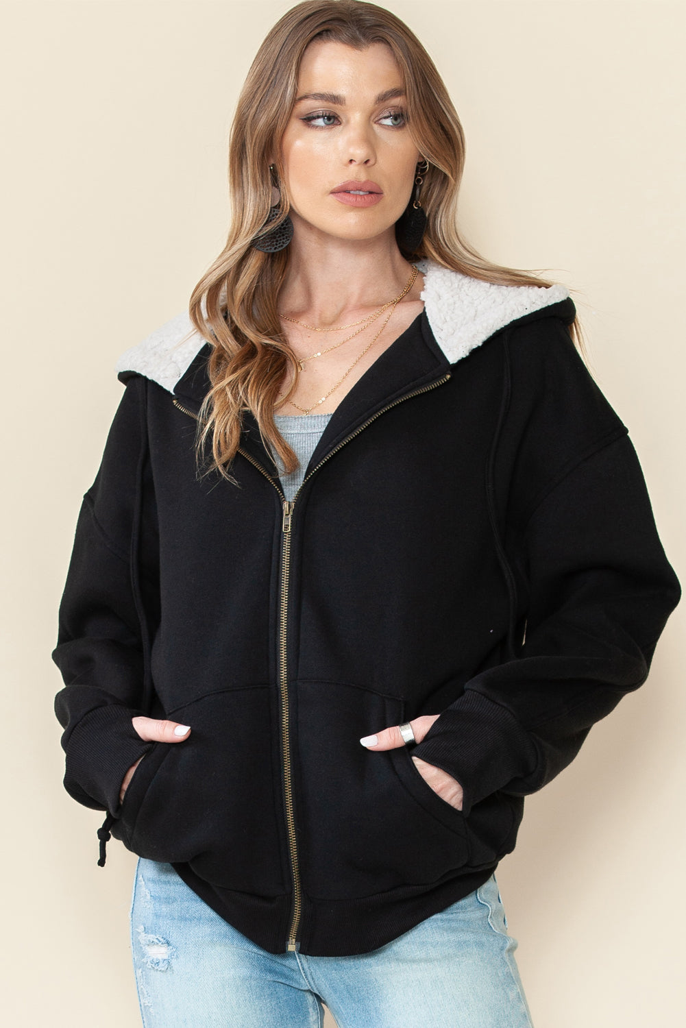 Black Sherpa Hooded Athleisure Zip Up Sweatshirt