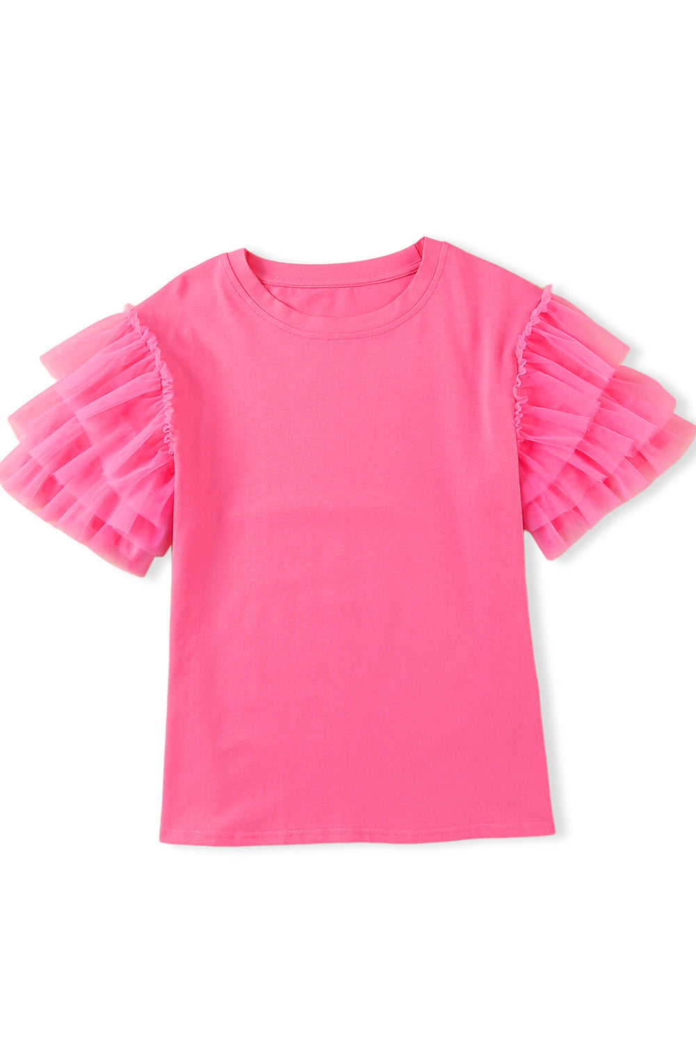 Pink Plain Round Neck Tulle Ruffle Sleeve Blouse