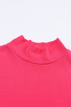 Rose Plain Solid Color Ribbed Long Sleeve Mock Neck Top