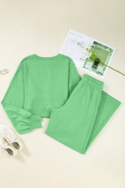 Yellow Cream Drop Shoulder Crop Pullover Drawstring Wide Leg Pants Set
