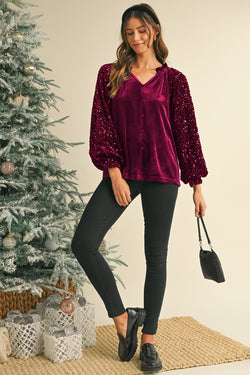 Red Dahlia Velvet Sequin Patchwork Sleeve Button Up Blouse