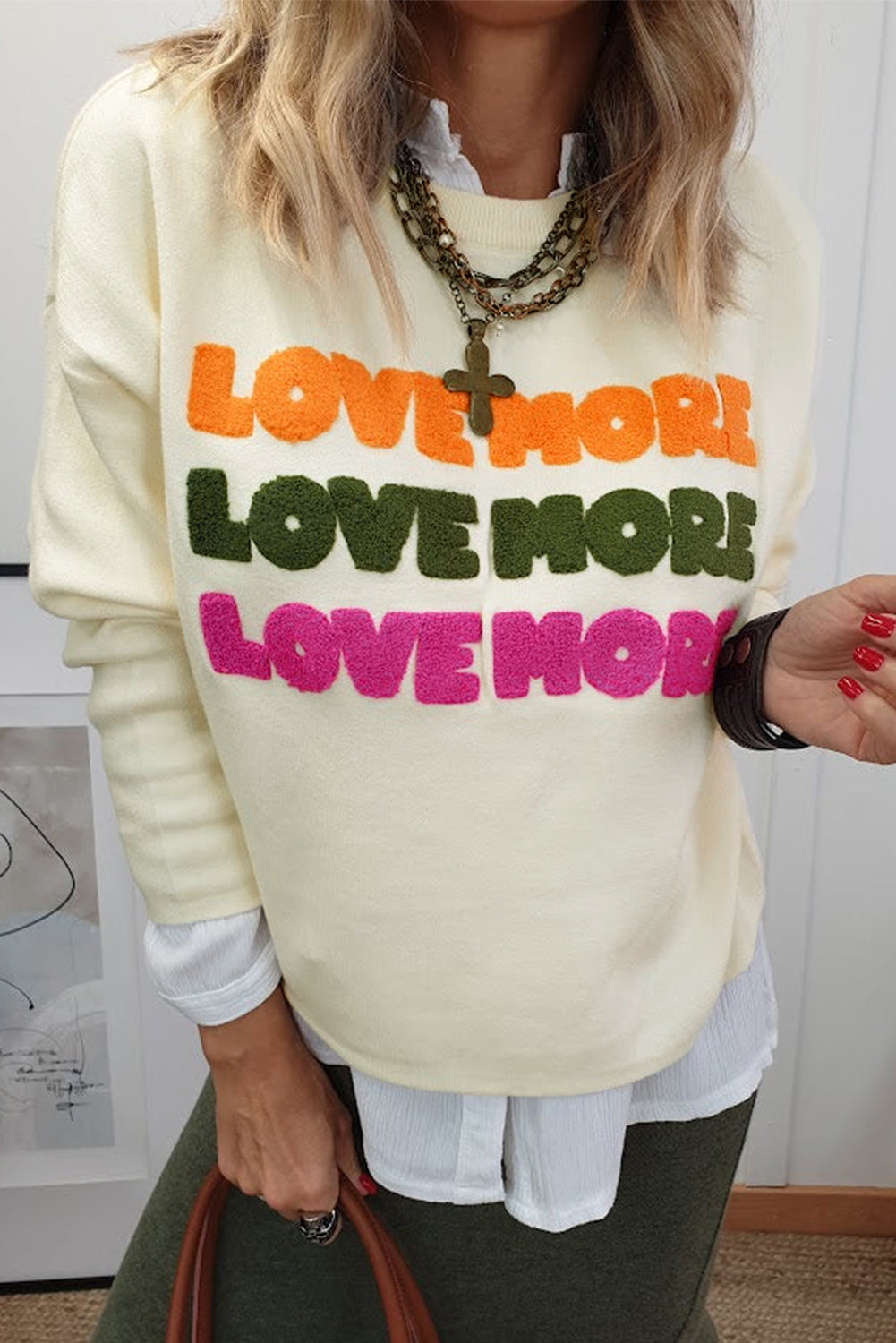 White LOVE MORE Patched Letter Long Sleeve Top