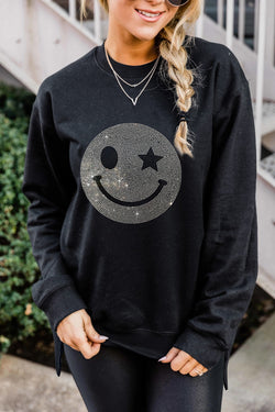 Valerian Rhinestone Smile Face Pattern High Low Hem Sweatshirt