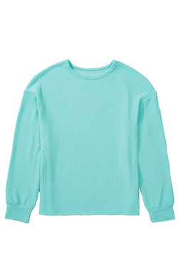 Aruba Blue Plain Crinkle Ribbed Round Neck Top