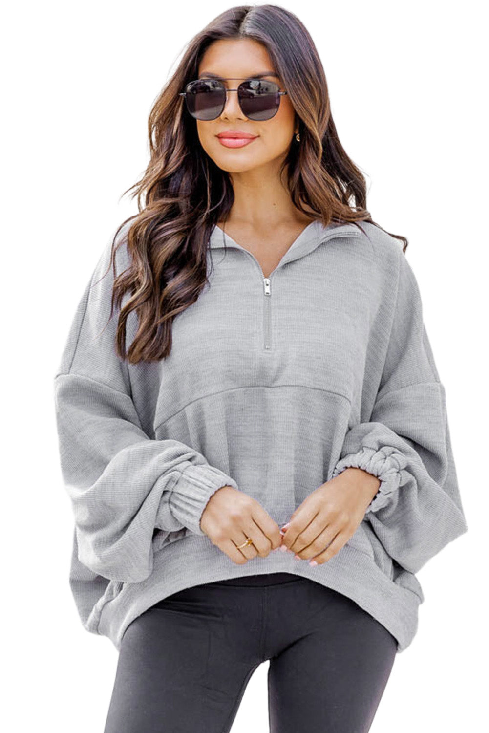 Gray Loose Dolman Sleeve Quarter Zip Sweatshirt