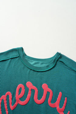 Green Merry Christmas Exposed Seam Ribbed Top