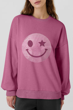 Valerian Rhinestone Smile Face Pattern High Low Hem Sweatshirt